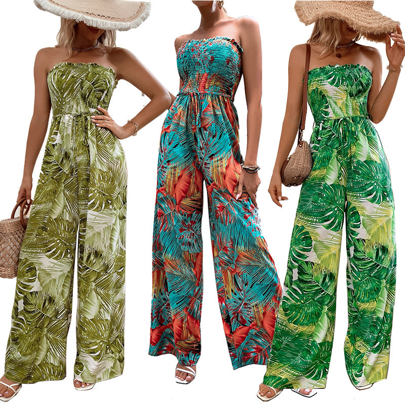Women's palazzo jumpsuit with floral patterns and elasticated top, size