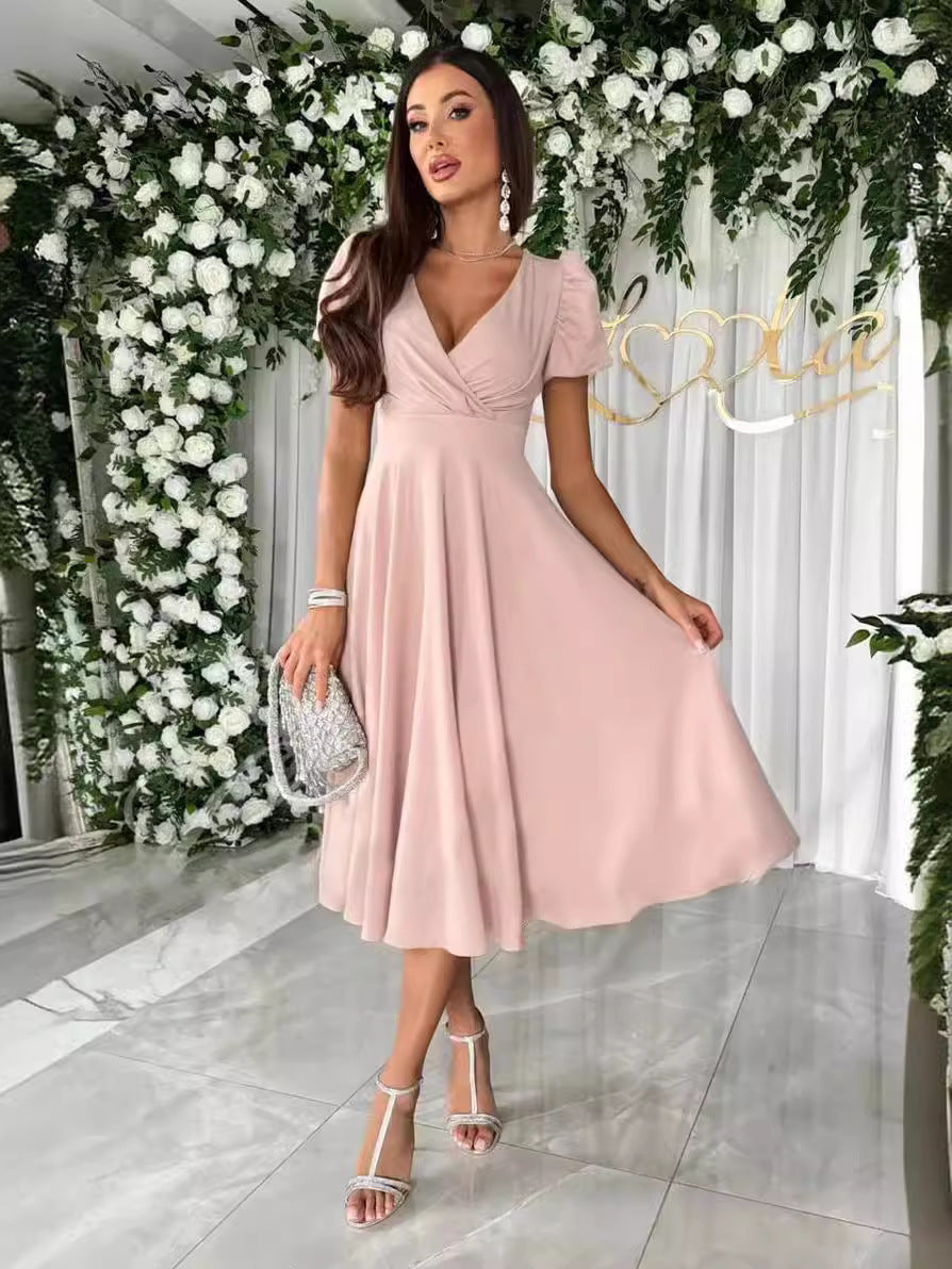 Women's elegant wrap dress with charming puff sleeves, size