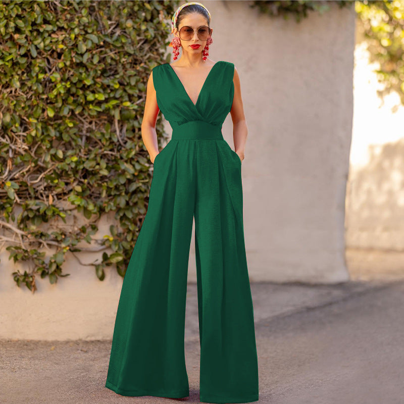 Valenzora | Jumpsuit High Waist Ärmellos Tiefer V-Ausschnitt Weites Bein Elegante Passform