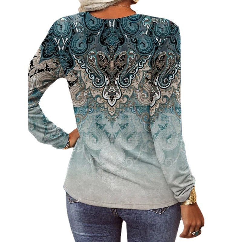 Women's long-sleeved shirt with detailed print and button placket, size