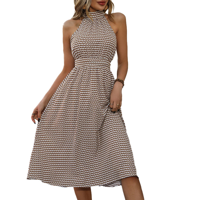 Women's midi dress in lightweight material with a high neckline and waist belt, size S