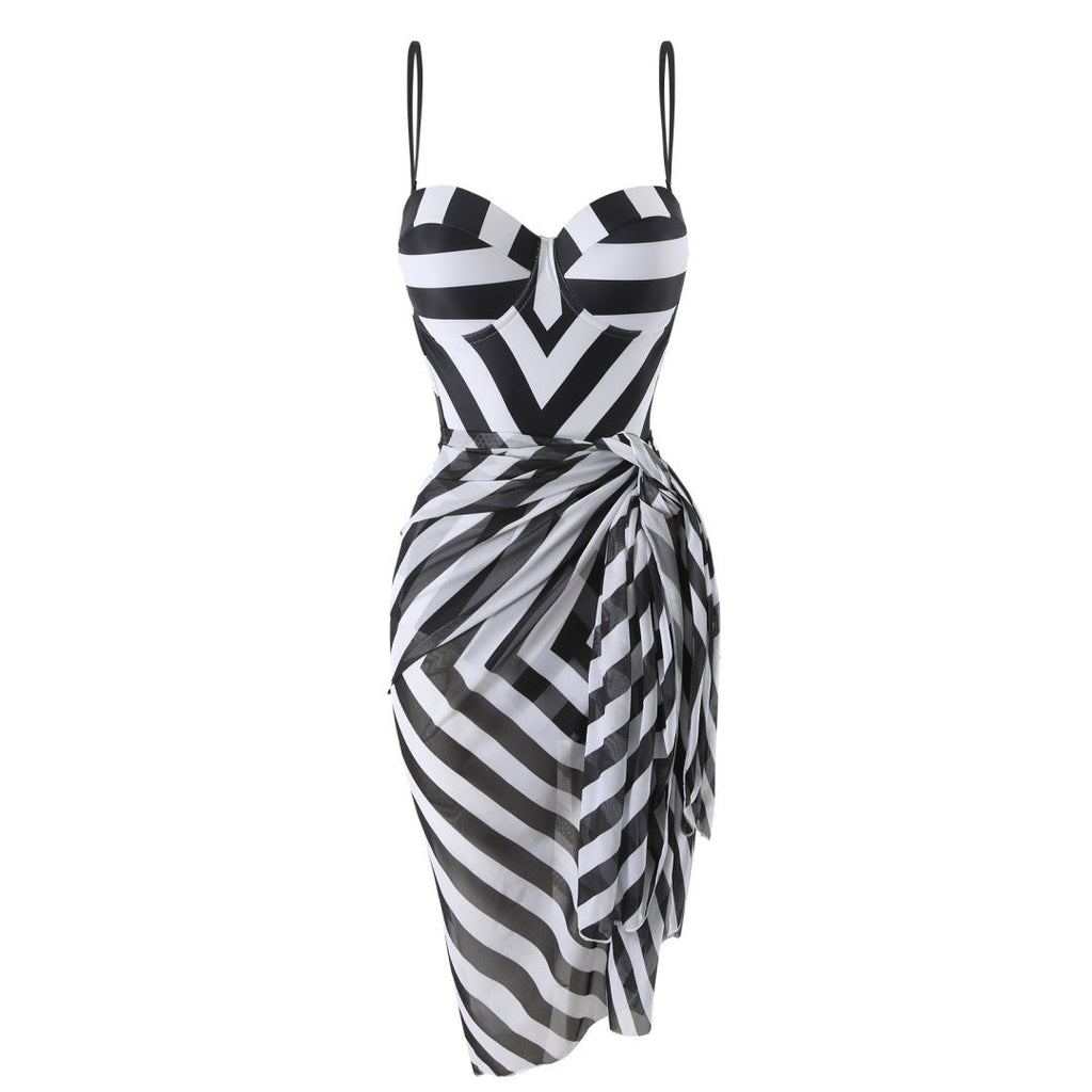 Women's evening dress with a sophisticated wrap design and striped top, size