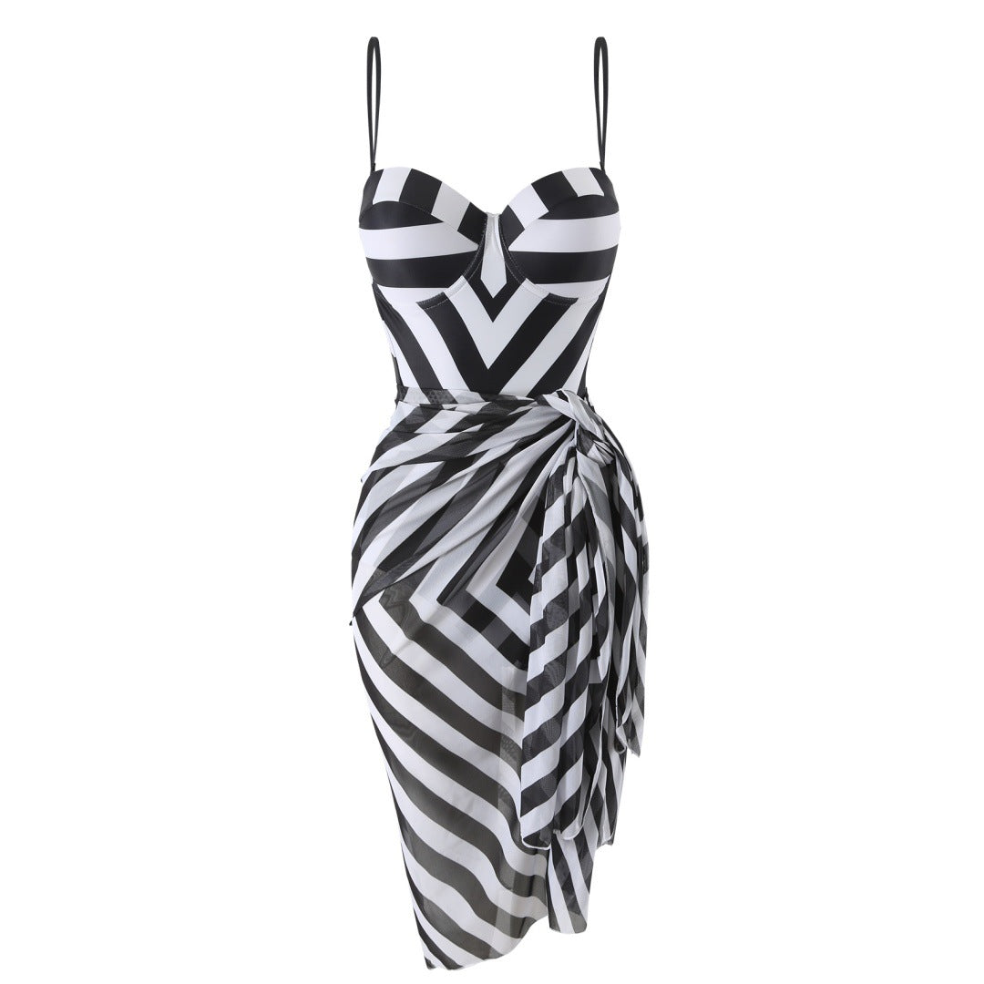 Women's evening dress with a sophisticated wrap design and striped top, size