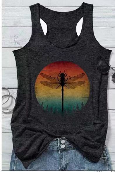 Women's sleeveless graphic top with trendy insect motif, size