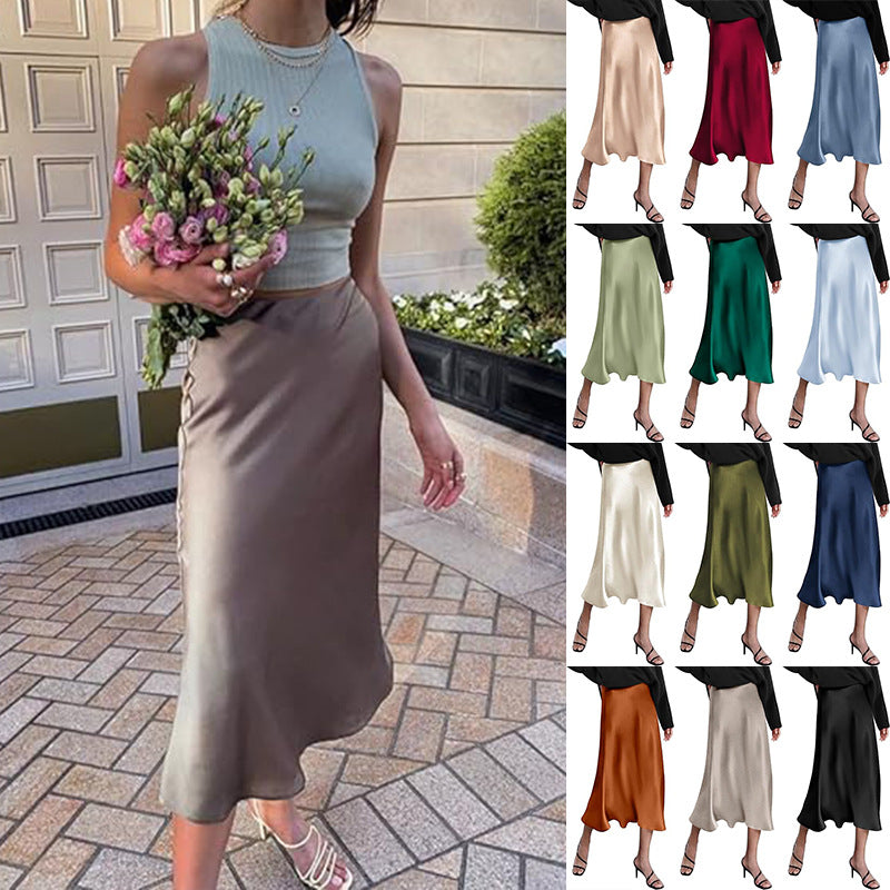 Women's elegant midi skirt in satin viscose with a flowing drape, size Valenzora