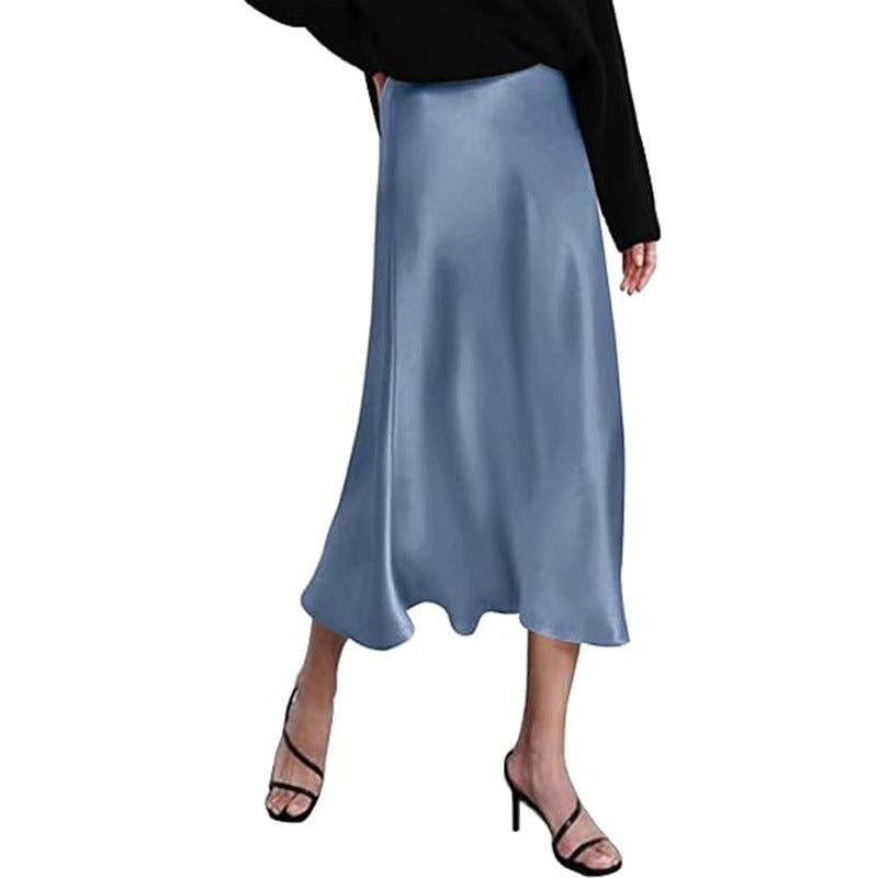 Women's elegant midi skirt in satin viscose with a flowing drape, size Valenzora