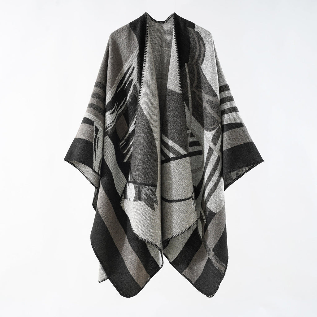 Women's elegant knitted poncho with artistic pattern and fine fringe, size Valenzora