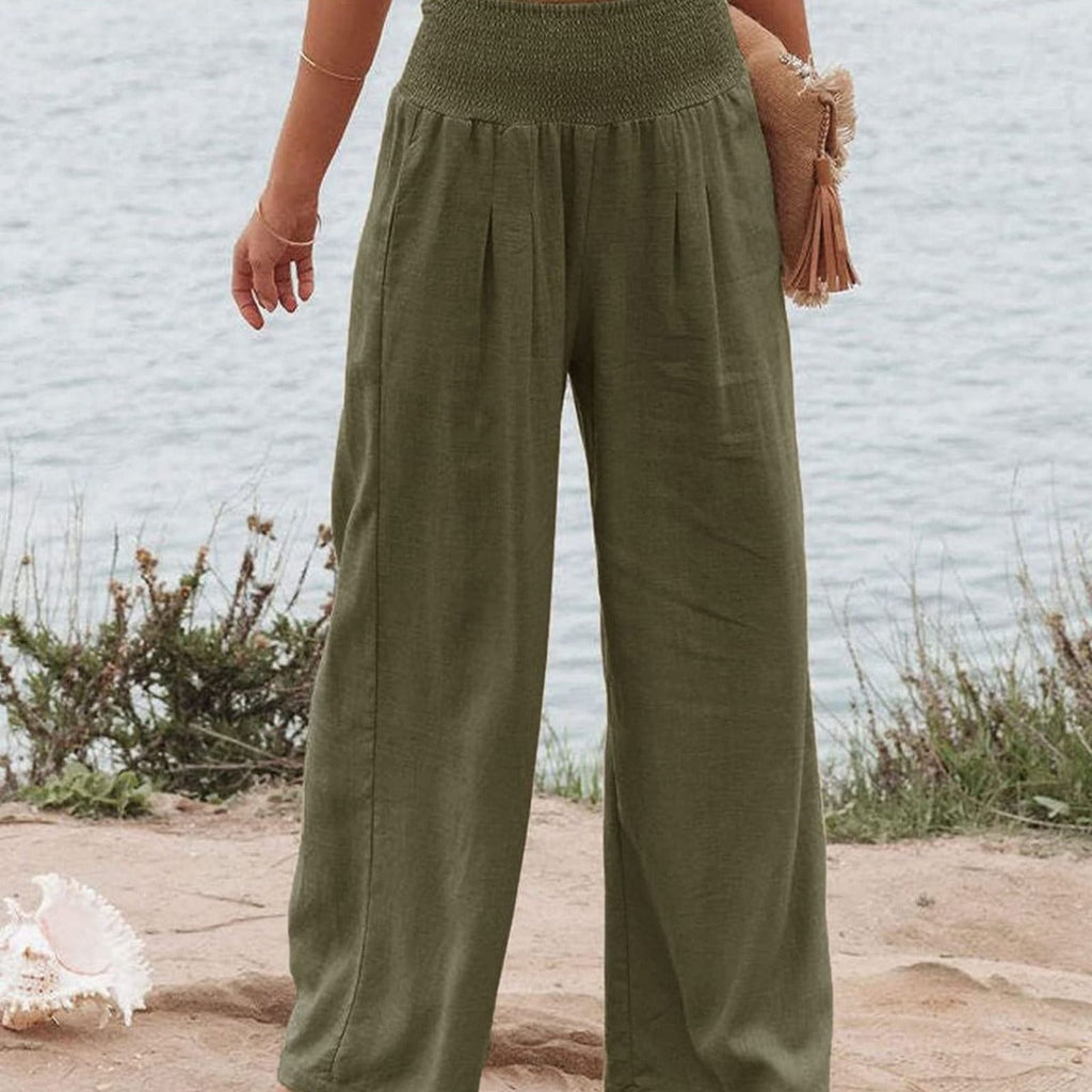Damen-Leinenhose mit weitem Bein, elastischem Bund und Bundfalten, Größe
