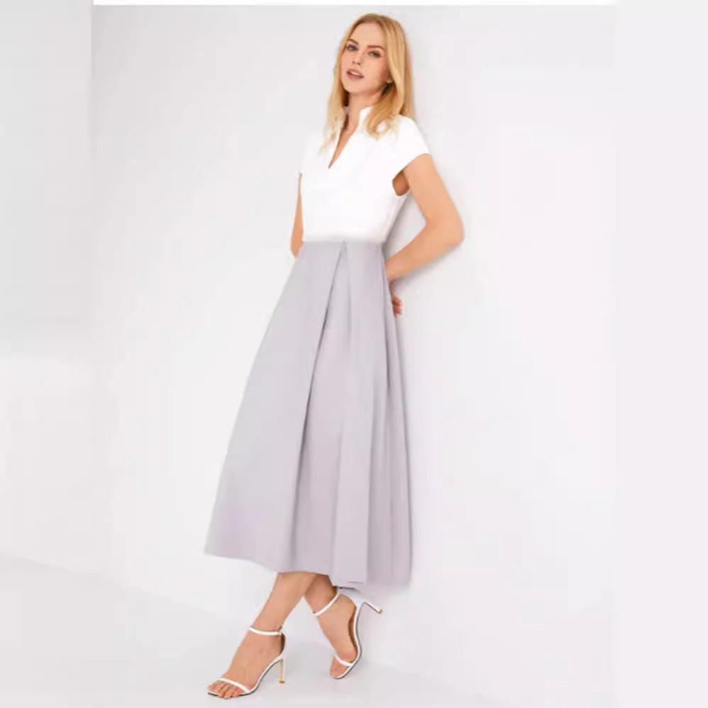Valenzora | White color block V-neck flared summer dress