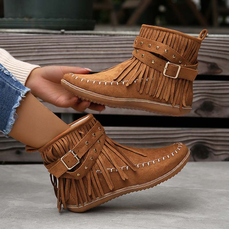 Valenzora | Boho ankle boots with fringes and buckles for women