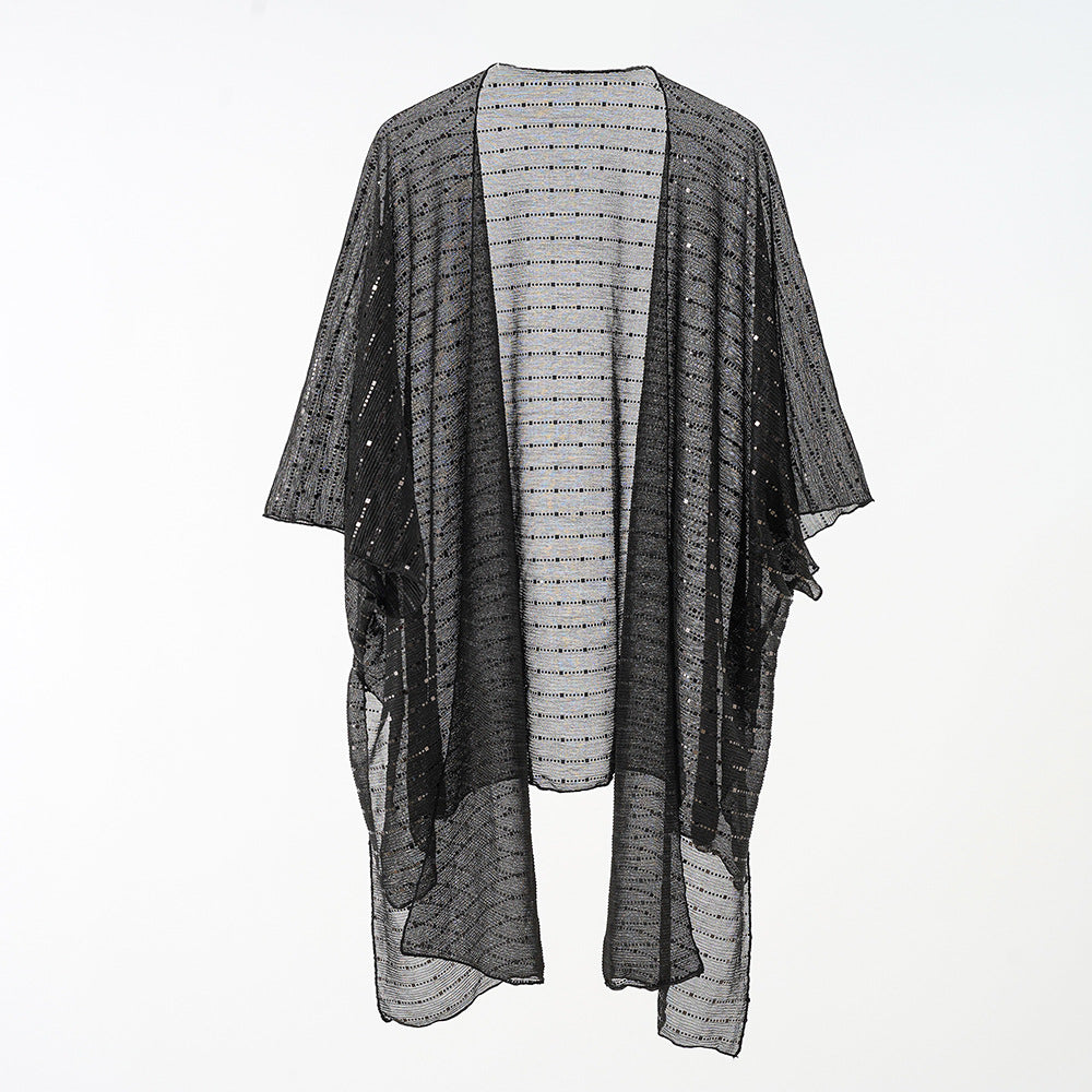 Women's elegant kaftan wrap with a fine crocheted design and asymmetrical edges, size Valenzora