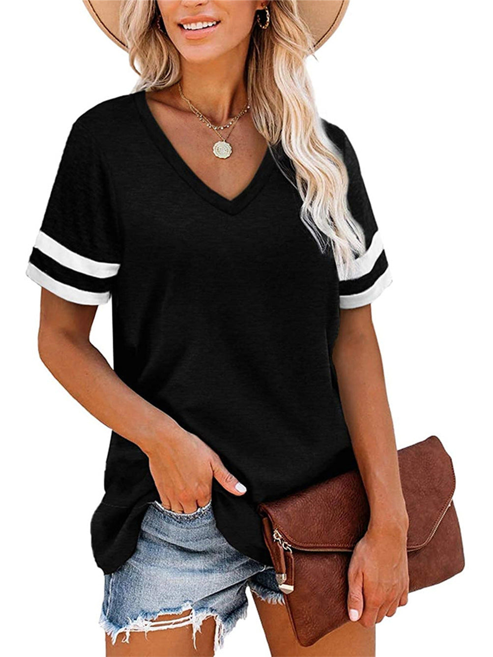 Damen-V-Neck-T-Shirt mit sportlichem Ringelmuster und lässiger Passform, Größe [Größe fehlt]