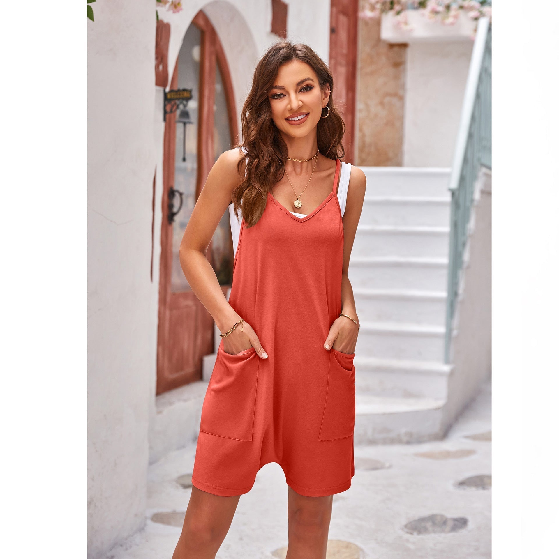 Women's comfortable jumpsuit with a deep neckline and practical pockets, size [size missing]