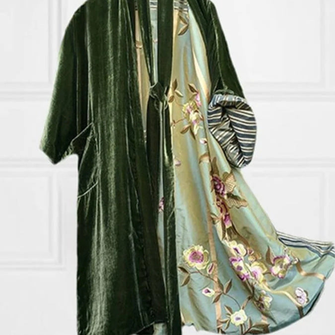 Valenzora | Satin Digital Floral Waist Belt Cardigan Pajamas