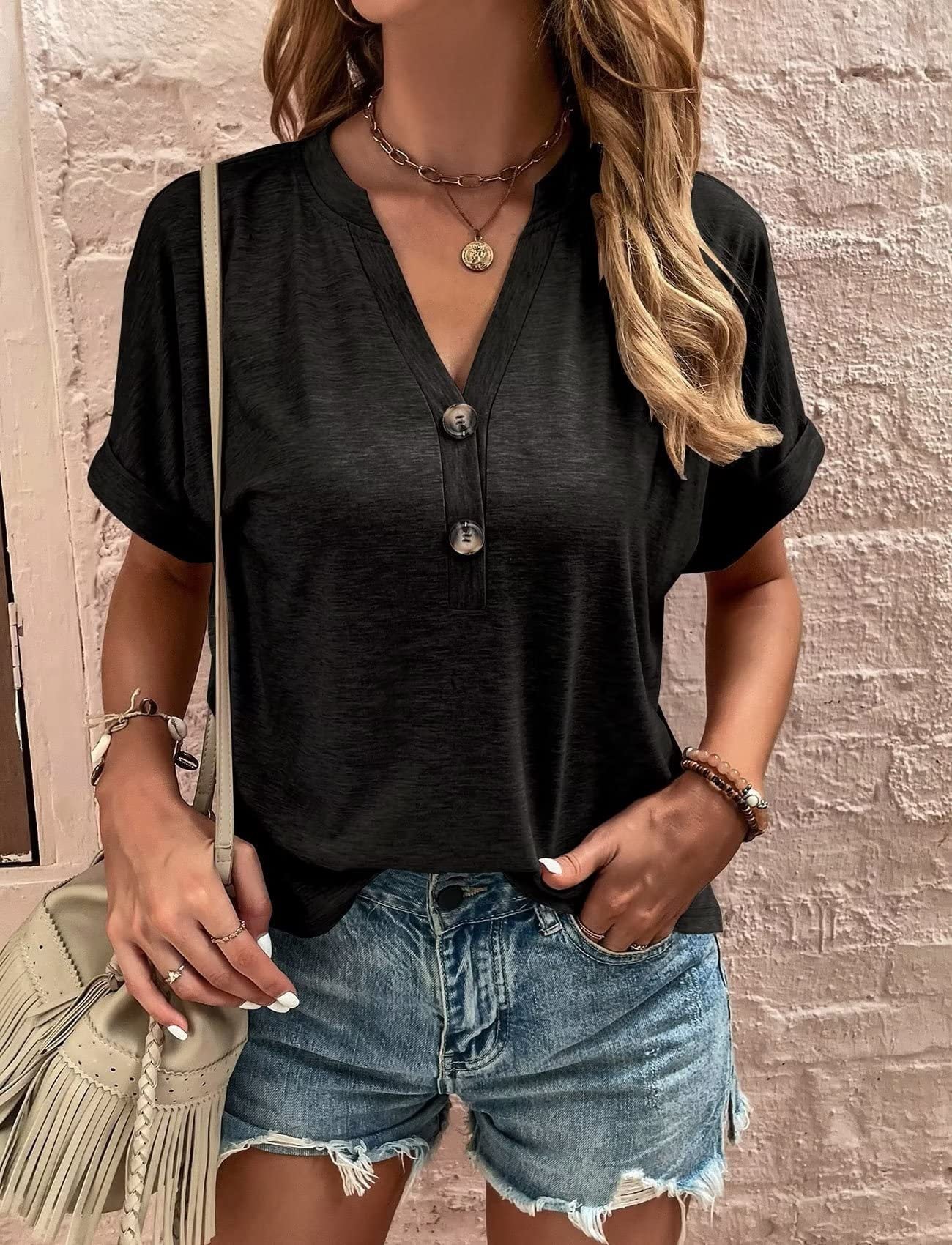 Damen Kurzarm-T-Shirt mit Knopfleiste und lässigem Schnitt, Größe