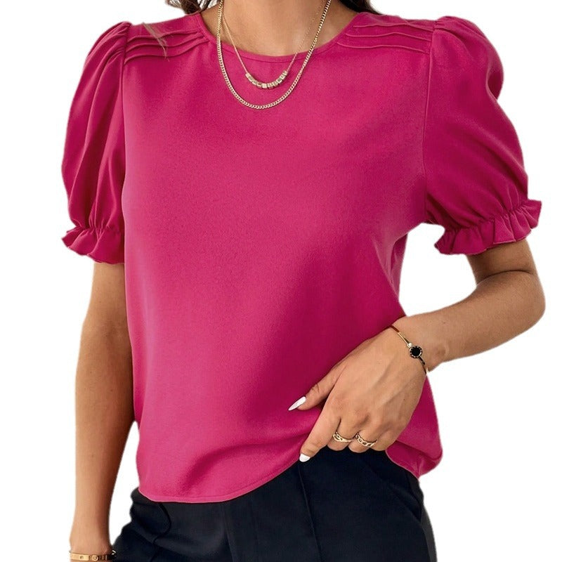 Valenzora Pure-Color Rundhals-Shirt-Oberteil mit Temperament