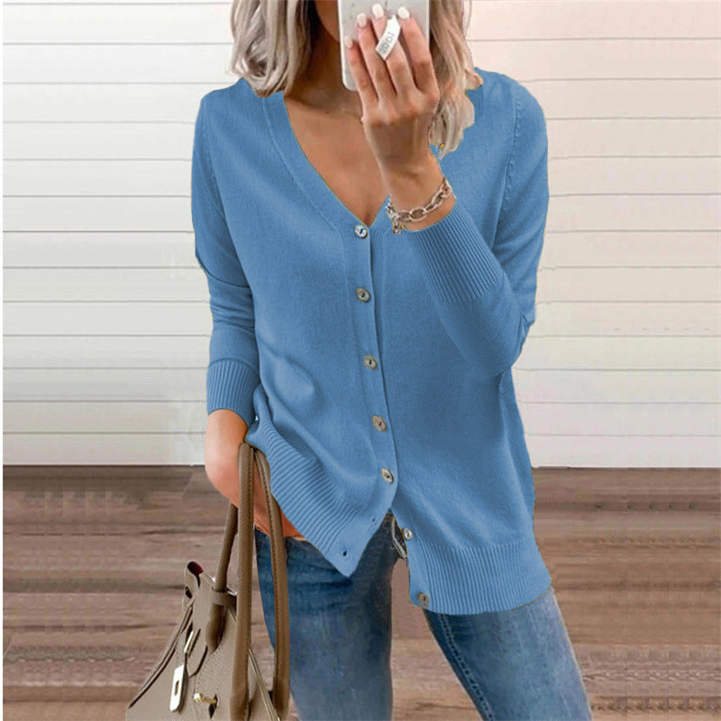 Women's cardigan with modern button details and deep V-neck, size