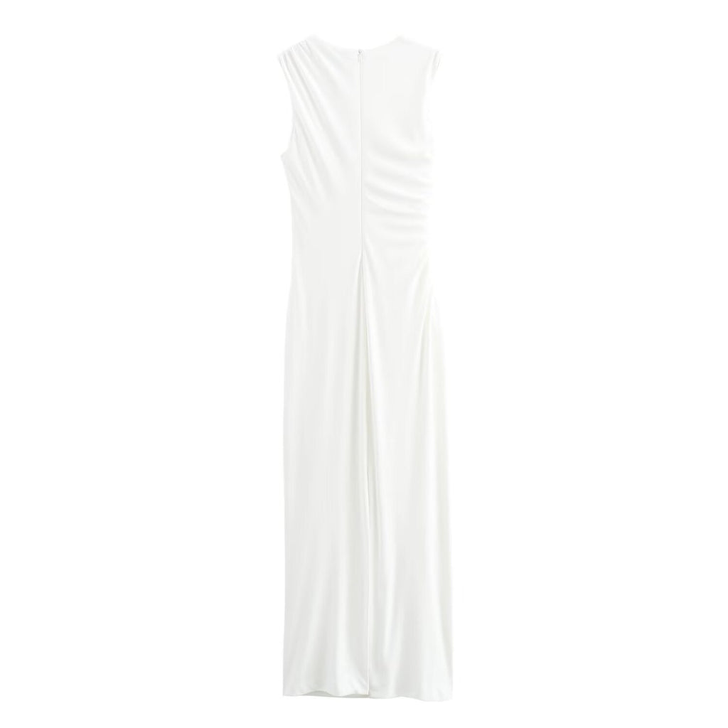 ValenzoraMODE | Solid Color Round Neck Sleeveless Pleated Slim Fit Dress