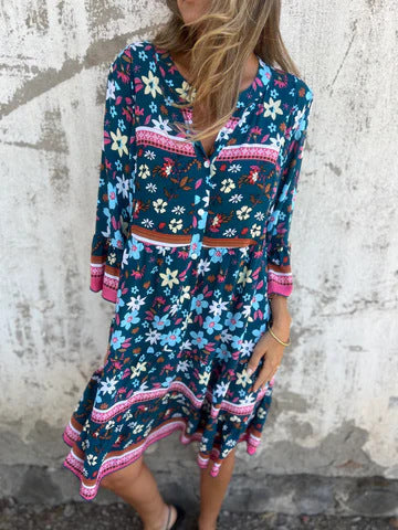 Women's Boho Chic Dress with Floral Patterns and Button Placket Drune