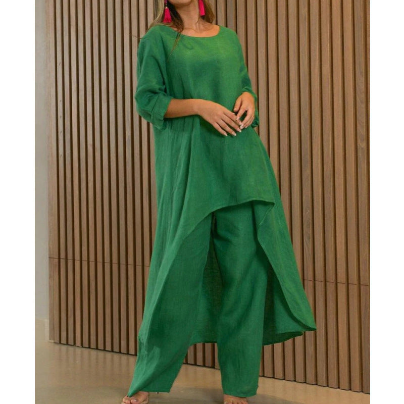Valenzora | Irregular cotton-linen wide leg two-piece set