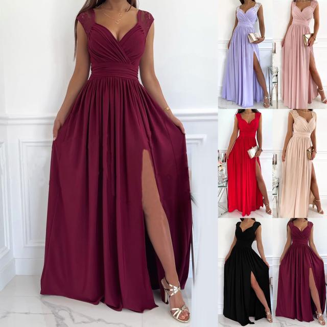 Glamorous ruffled evening dress with V-neck & slit