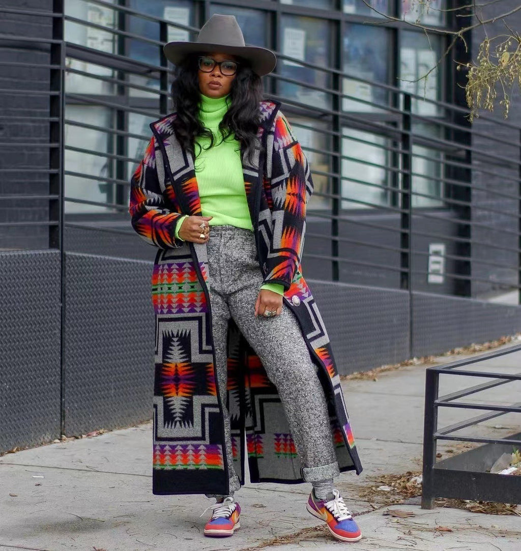 Women's long cardigan in a colorful ethnic design and modern cut, size