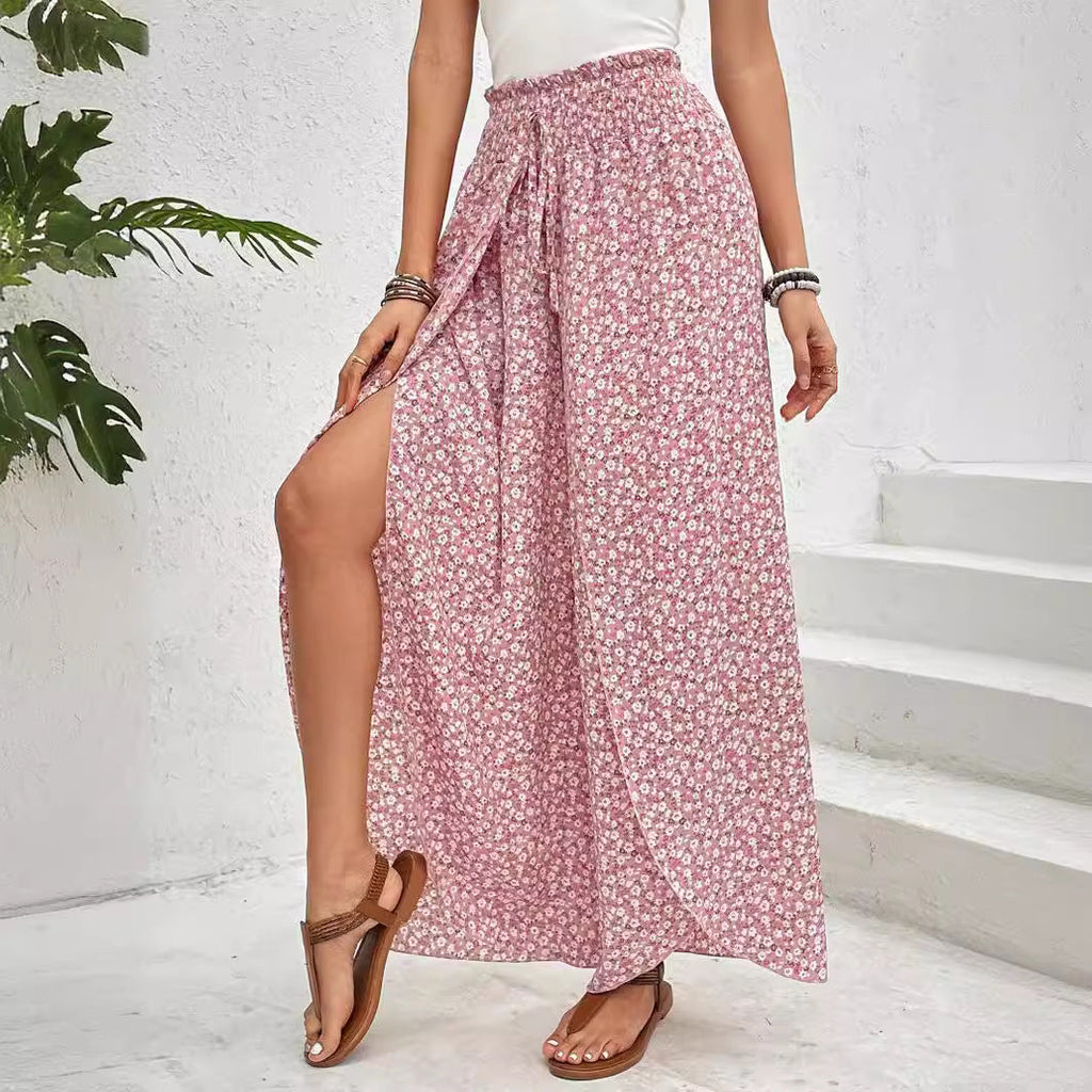 Damen-Sommerhose mit weitem Bein, elastischem Bund und Blumenmuster, Größe S