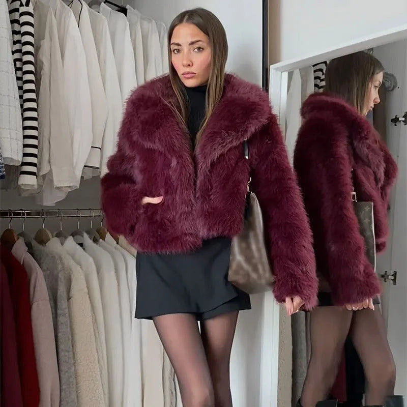 Damen-Webpelzjacke mit voluminösem Kragen und elegantem Schnitt, Größe S
