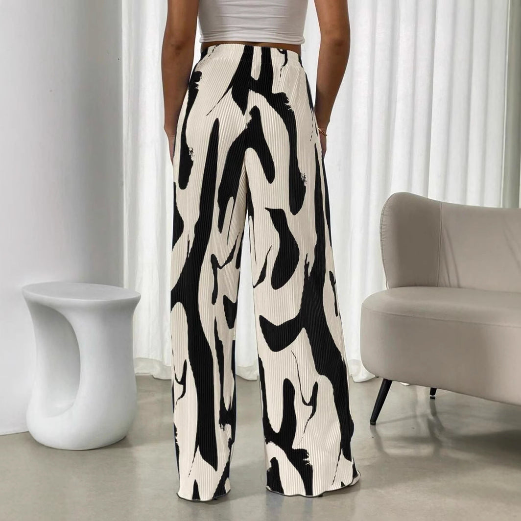 Damen-Hose, weit geschnitten, plissiert, mit Gummibund und modischem Muster, Größe [size]