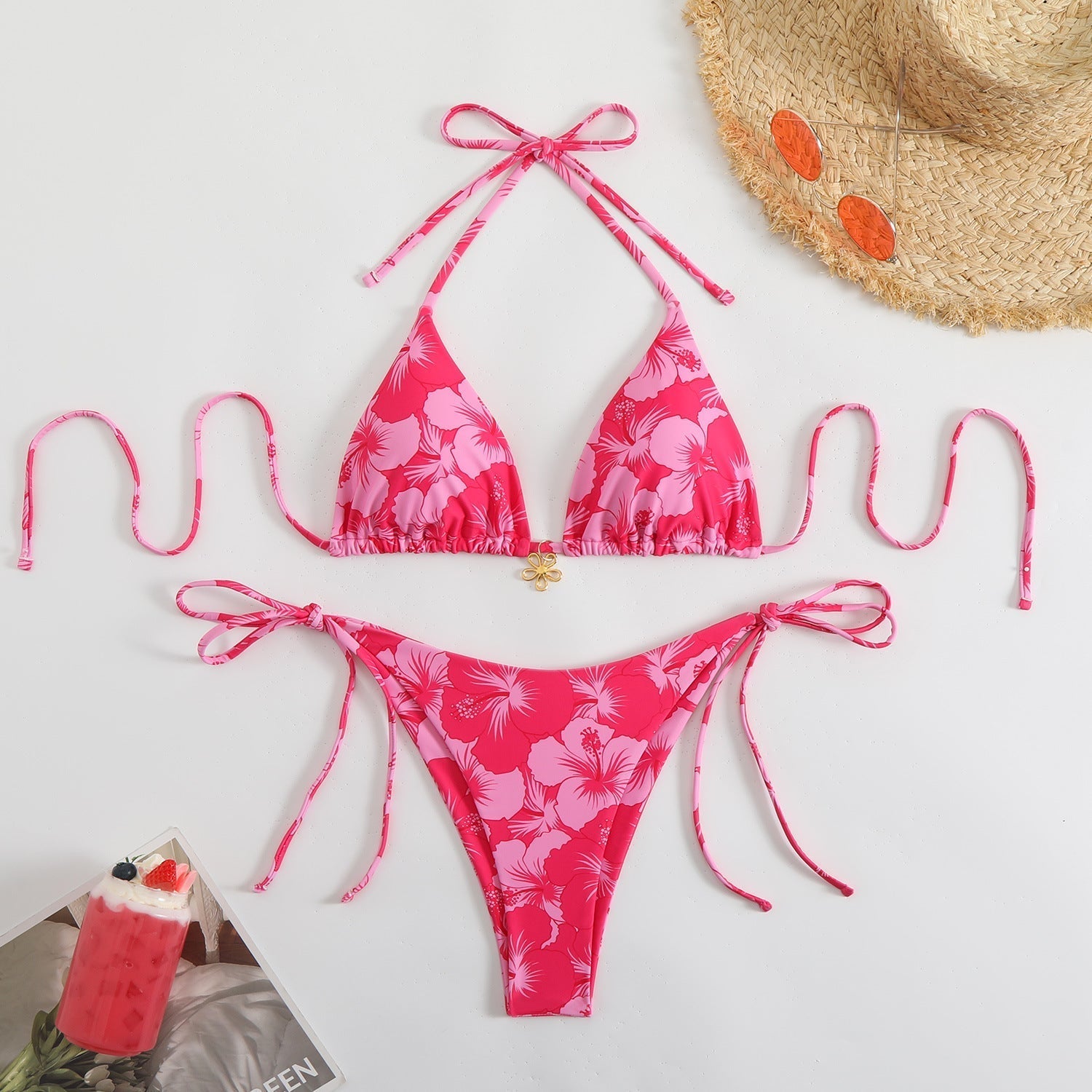 Valenzora | Damen Triangel-Bikini-Set mit verspieltem Blumenmuster und Bindebändern