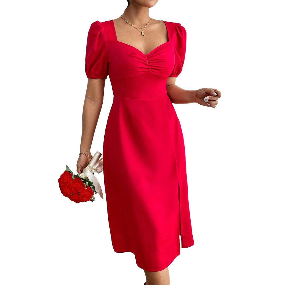 Women's midi dress with puff sleeves and sophisticated ruffle detail, size Valenzora