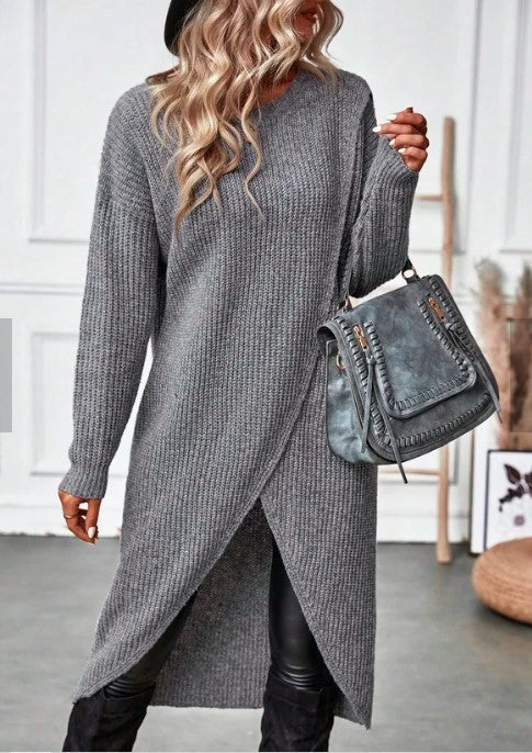 Valenzora graues asymmetrisches Langarm-Cardigan-Kleid