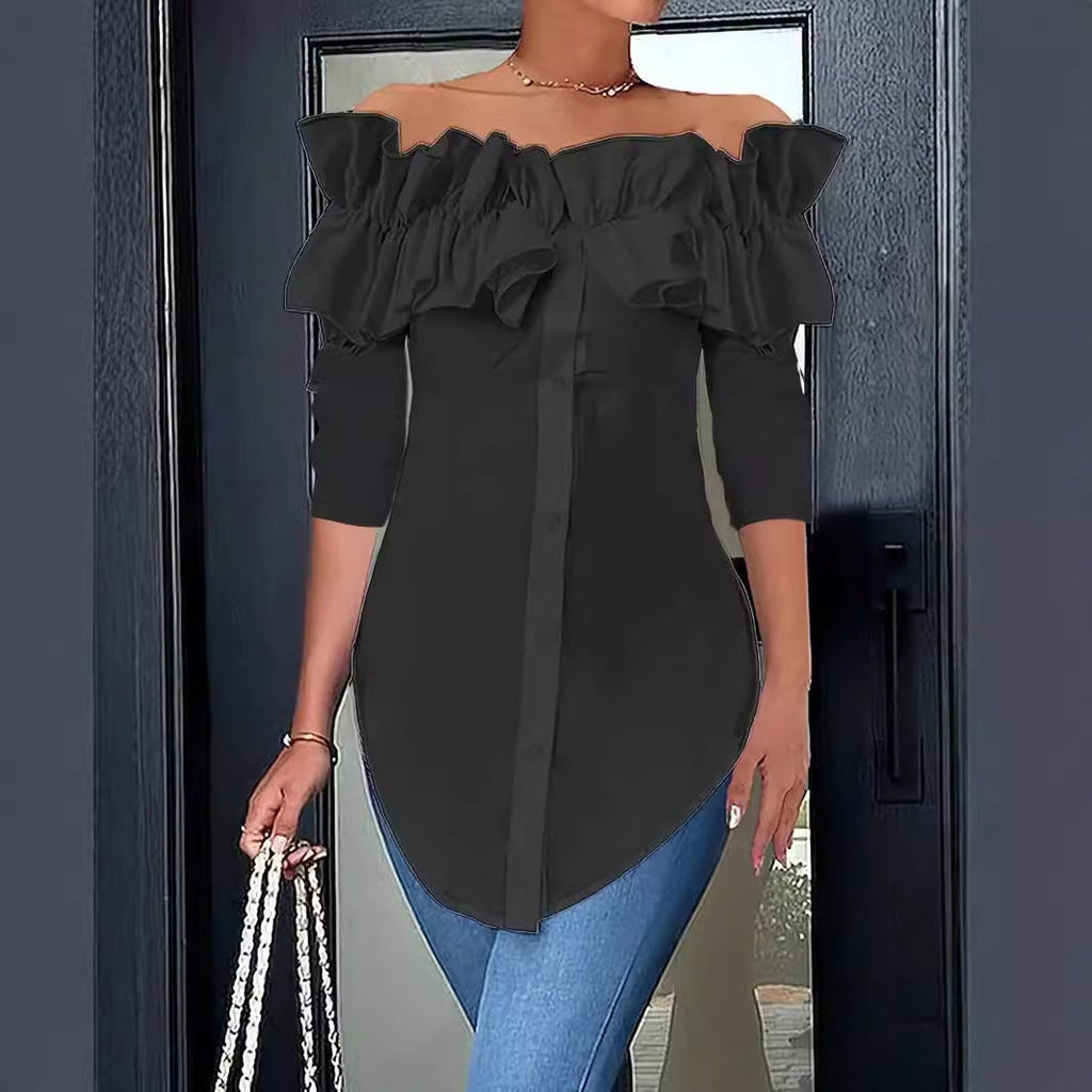 Women's blouse with off-the-shoulder design and voluminous ruffle details, size [size missing]