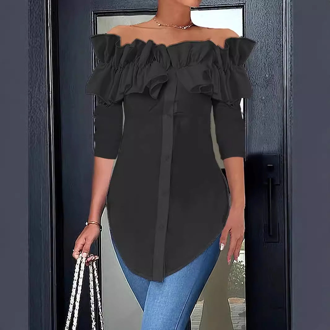 Women's blouse with off-the-shoulder design and voluminous ruffle details, size [size missing]