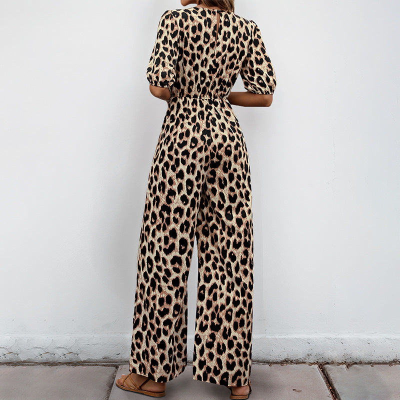 Women's casual jumpsuit with leopard print and off-the-shoulder puff sleeves, size [size]