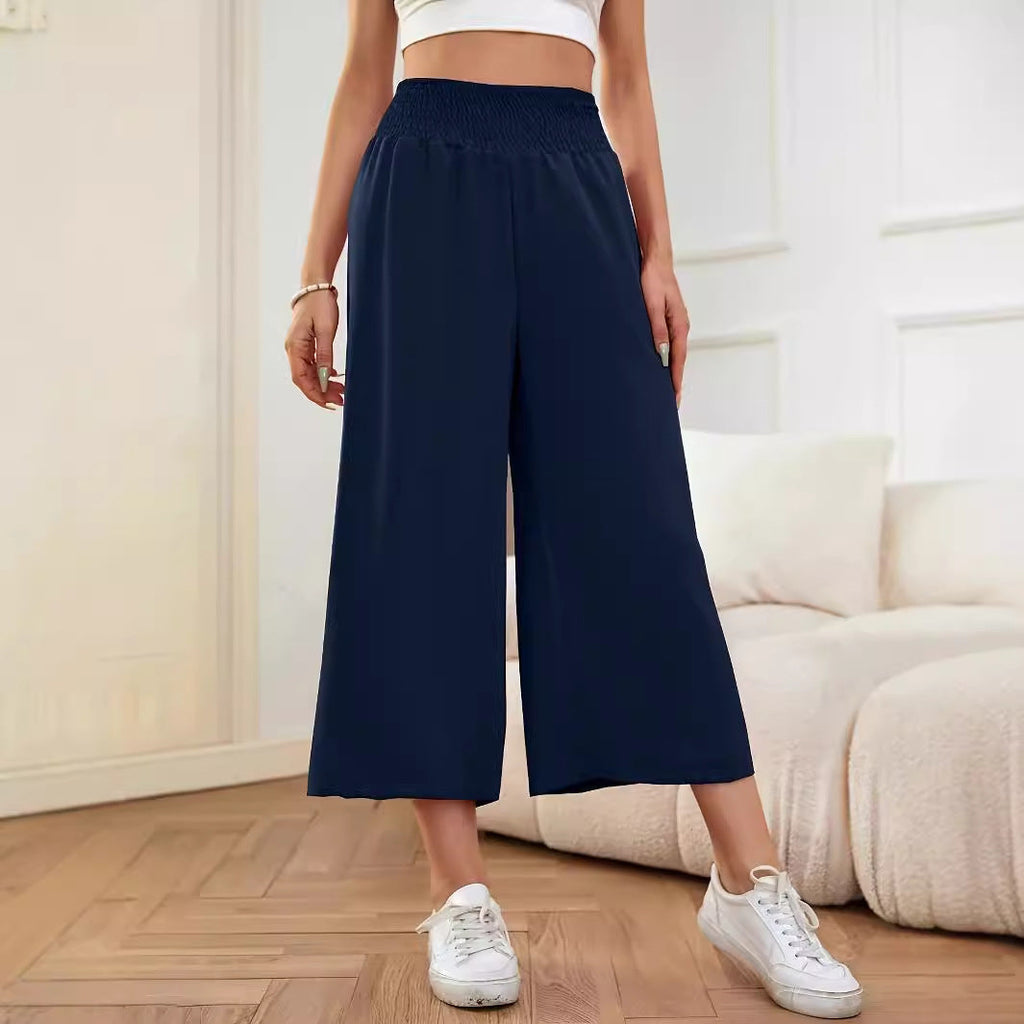 Damen-Palazzohose mit weitem Bein, hoher Taille, Gummibund und fließendem Stoff, Größe S