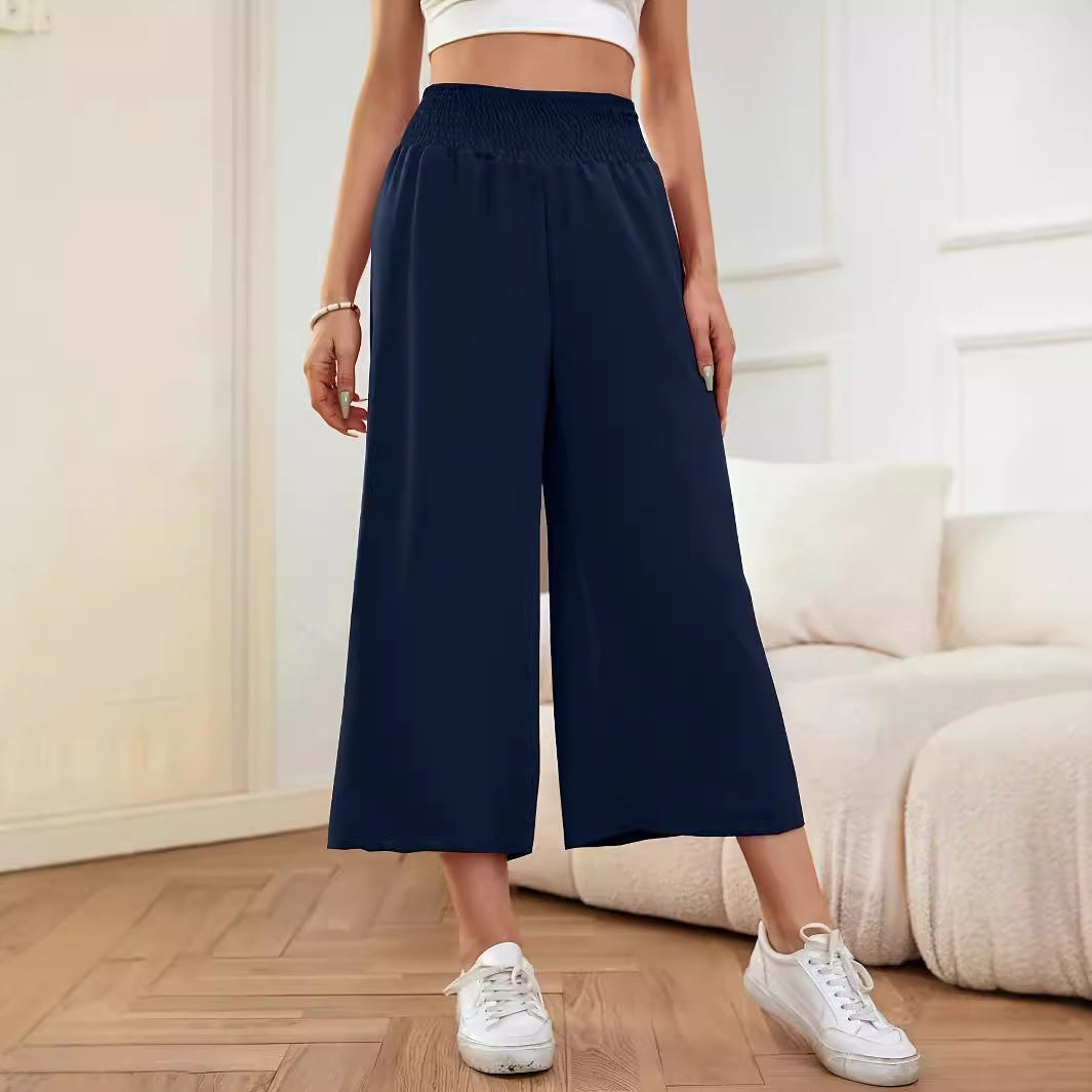 Damen-Palazzohose mit weitem Bein, hoher Taille, Gummibund und fließendem Stoff, Größe S