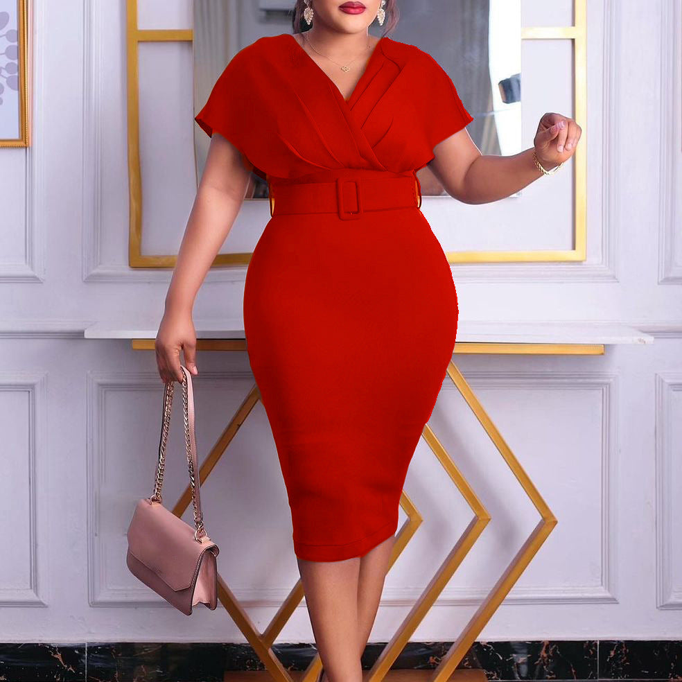 Valenzora | Tailliertes Damen-Midi-Kleid mit V-Ausschnitt und Gürtel