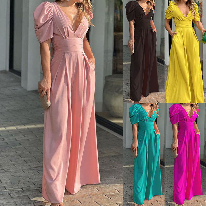 Women's puff sleeve jumpsuit with deep V-neck and wide legs, size [size missing]