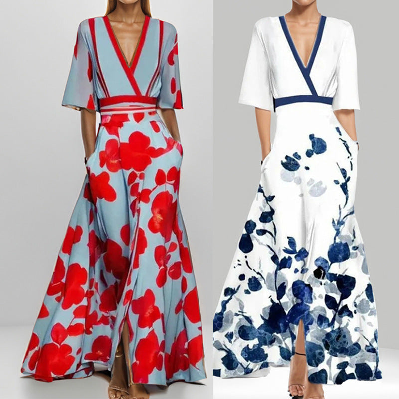 Valenzora | Elegantes V-Ausschnitt-Kleid mit Druck und Schößchen