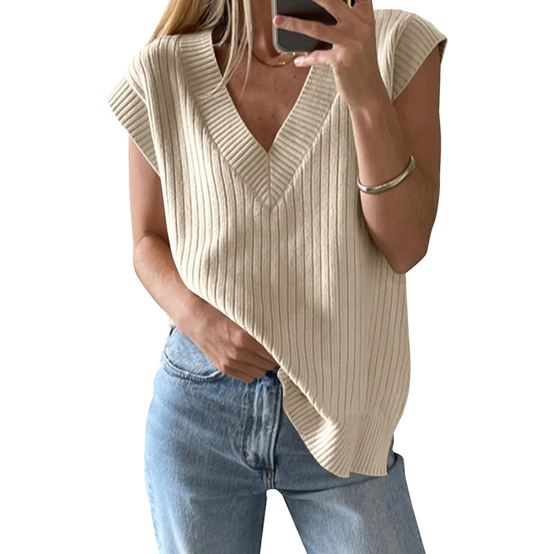 Women's casual V-neck ribbed knit top, size