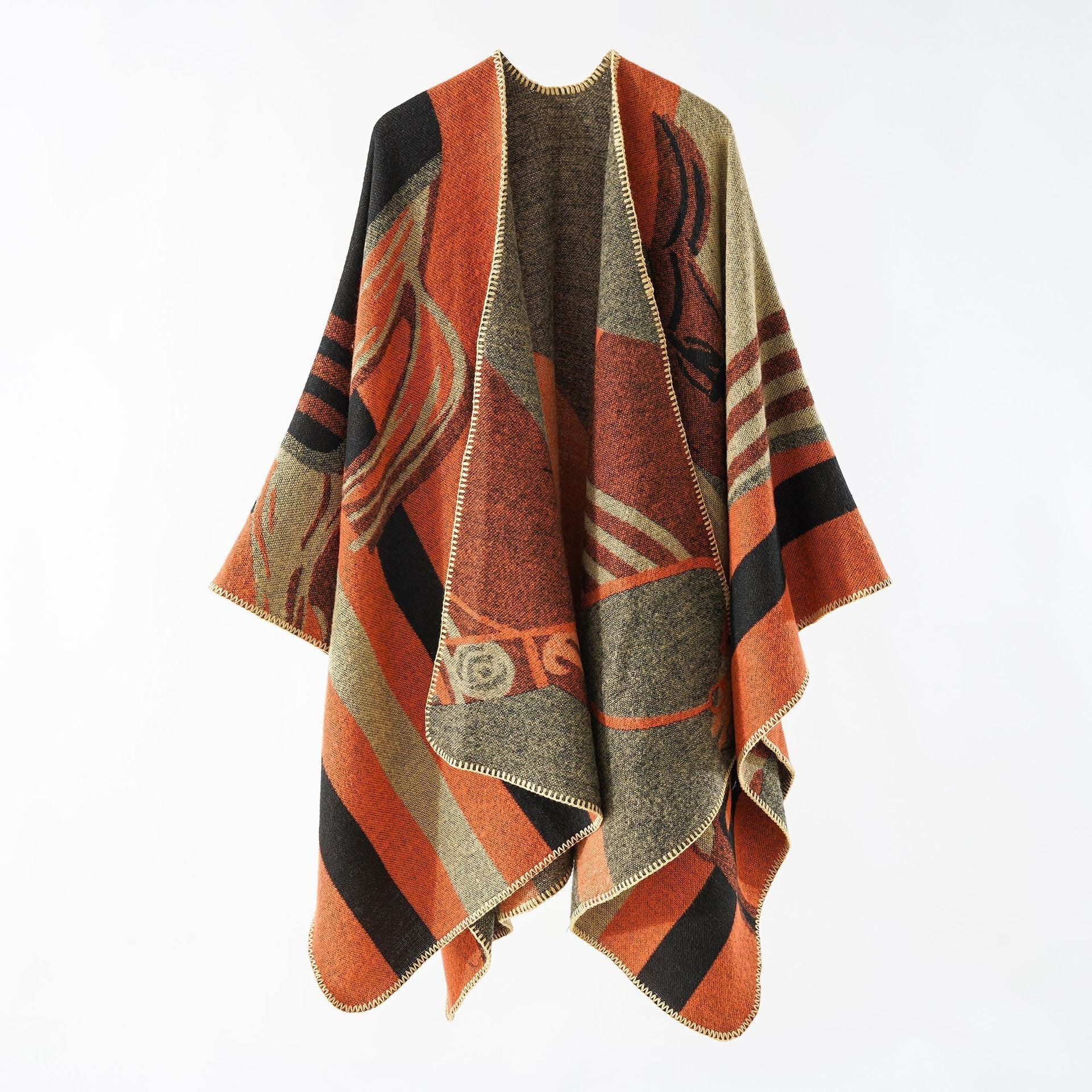 Women's elegant knitted poncho with artistic pattern and fine fringe, size Valenzora
