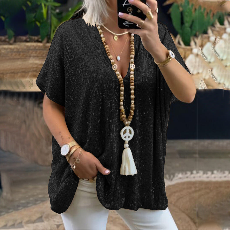 Women's sparkling top with an elegant V-neck and a relaxed fit, size [size]