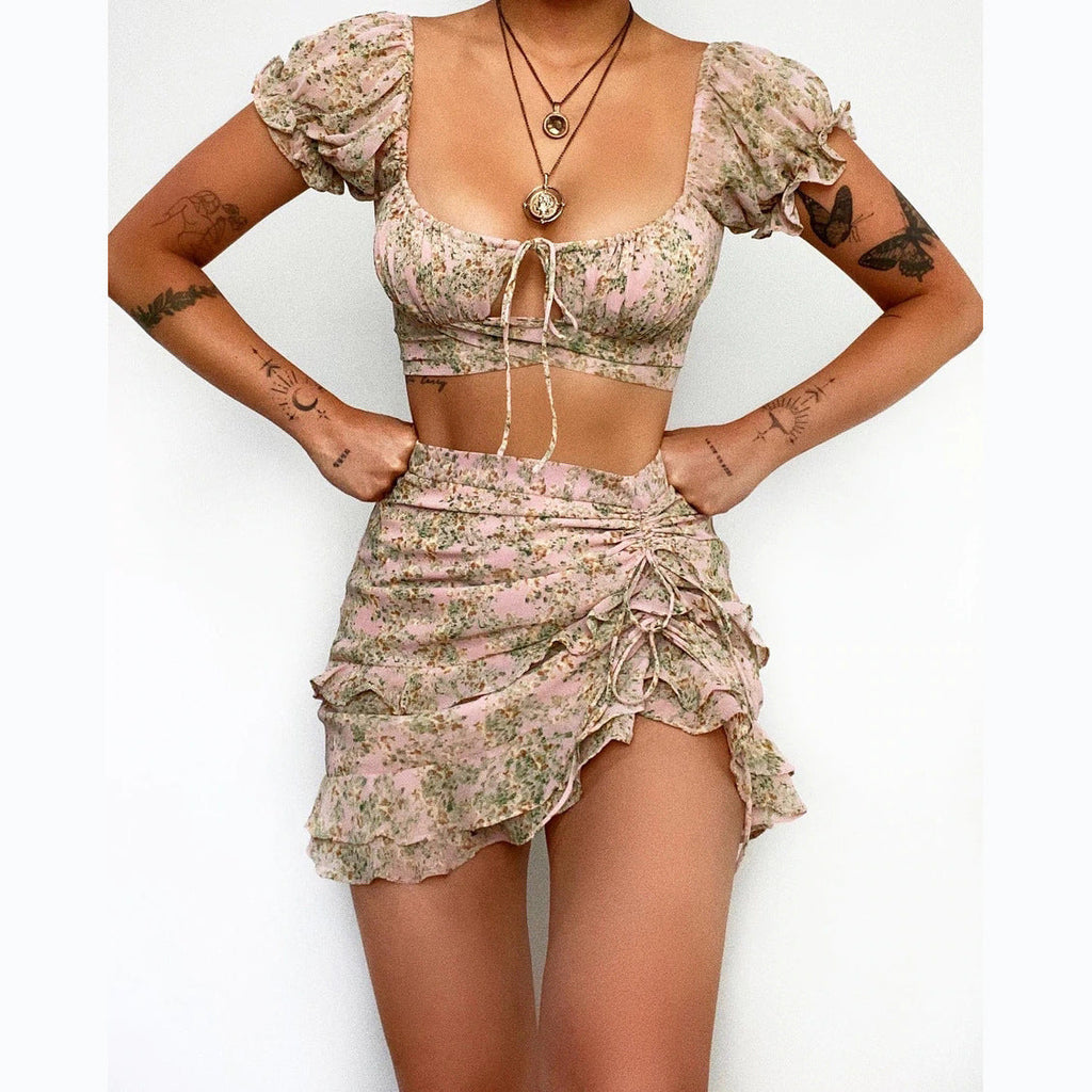 Damen-Crop-Top und Minirock mit Blumenmuster, Größe