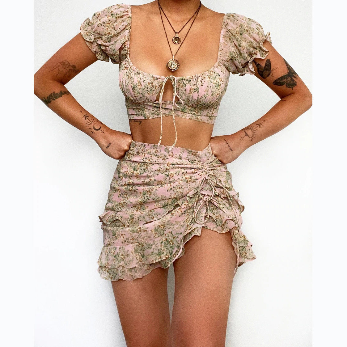 Damen-Crop-Top und Minirock mit Blumenmuster, Größe
