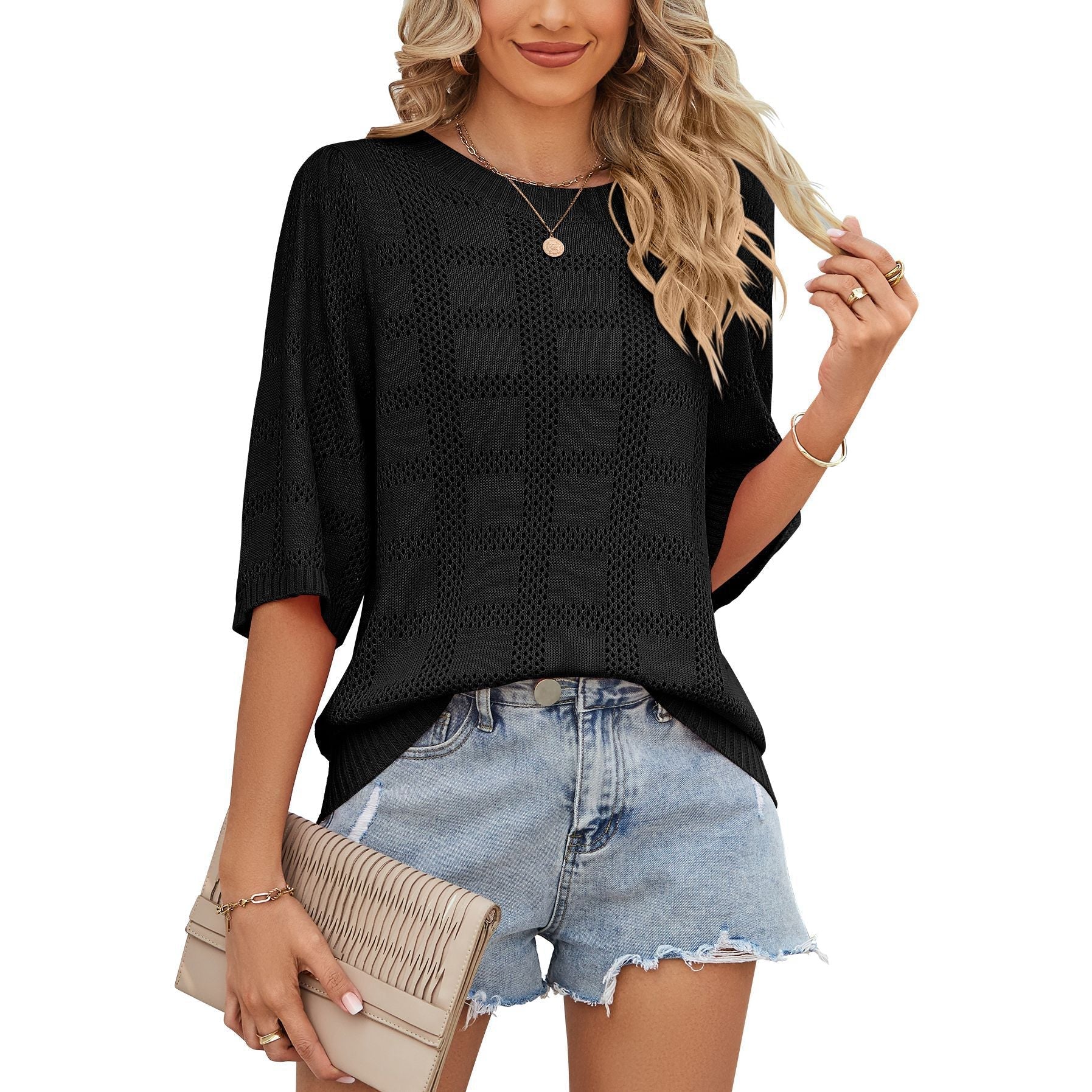 Women's airy knit top with a loose fit and modern openwork pattern, size