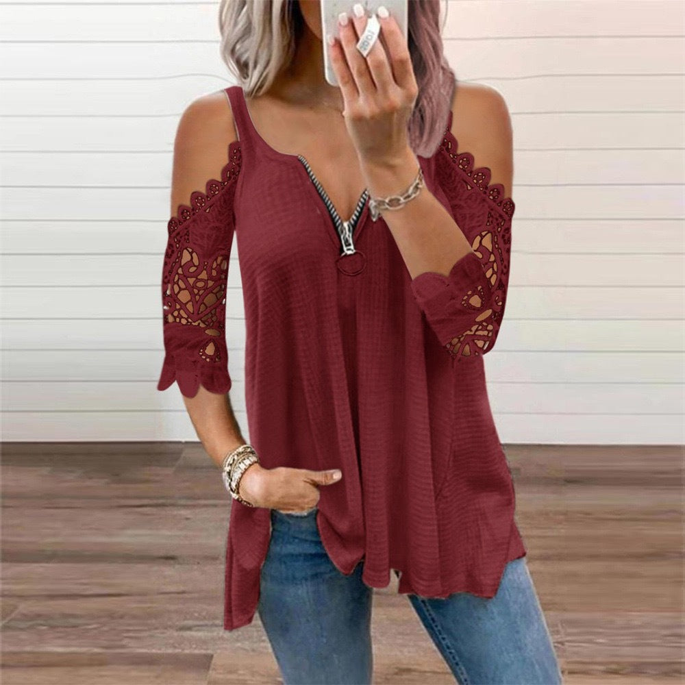 Women's top with cut-out sleeves and zipper, size