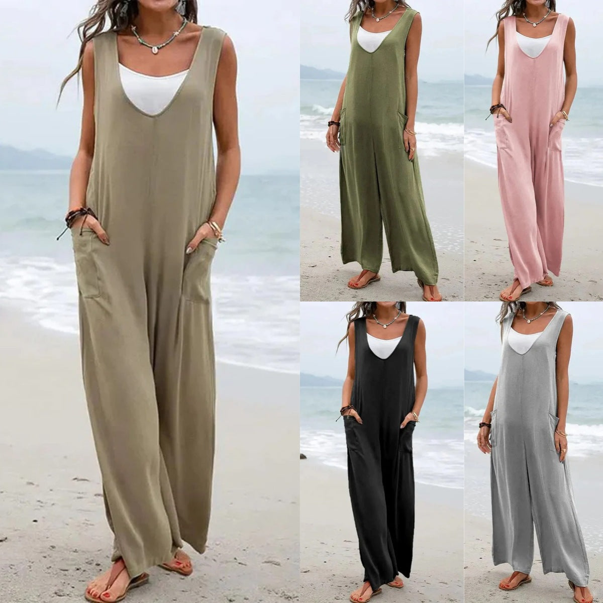 Women's casual jumpsuit with wide leg and comfortable pockets, size S
