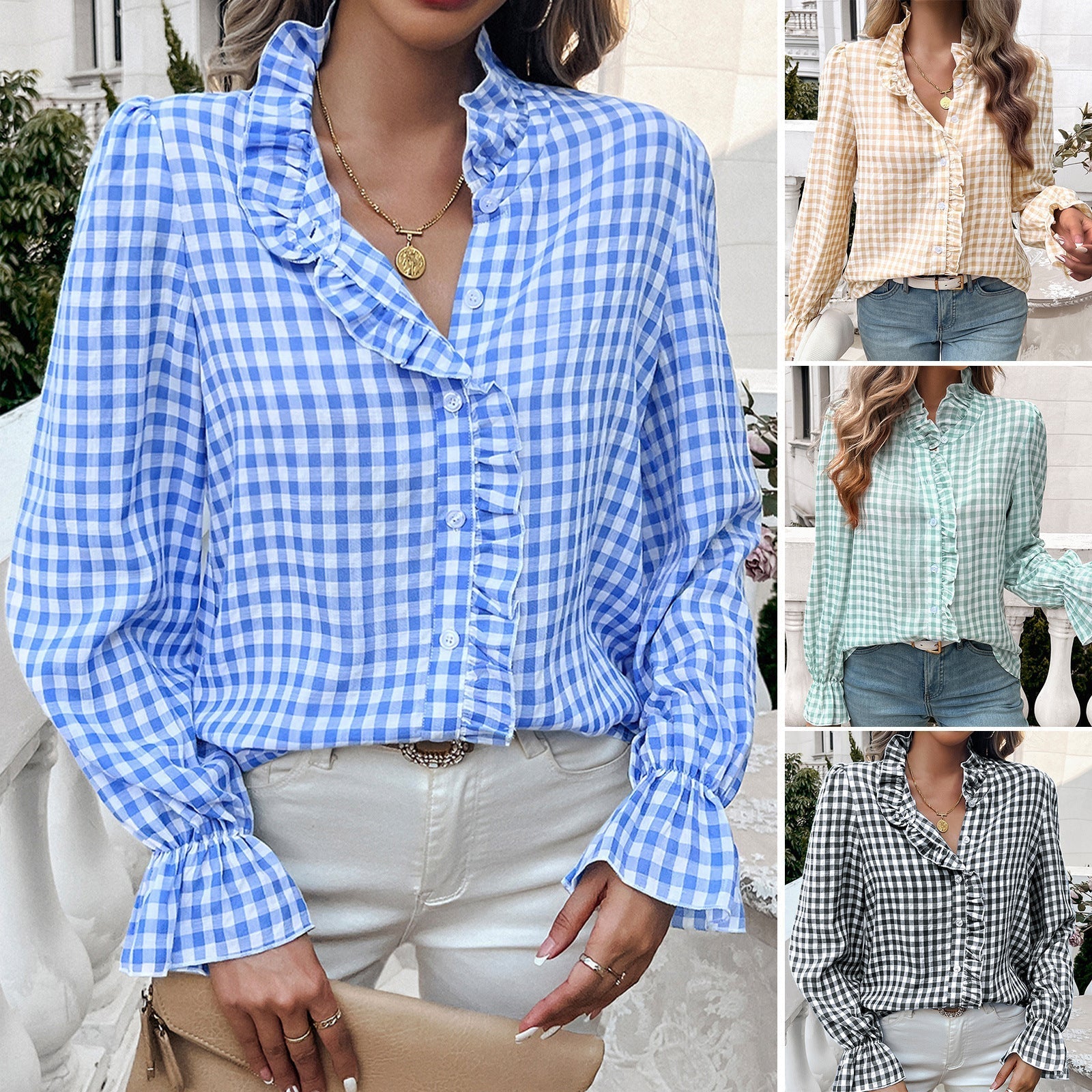 Damen-Bluse mit Karomuster, Rüschendetails und Knopfleiste, Größe