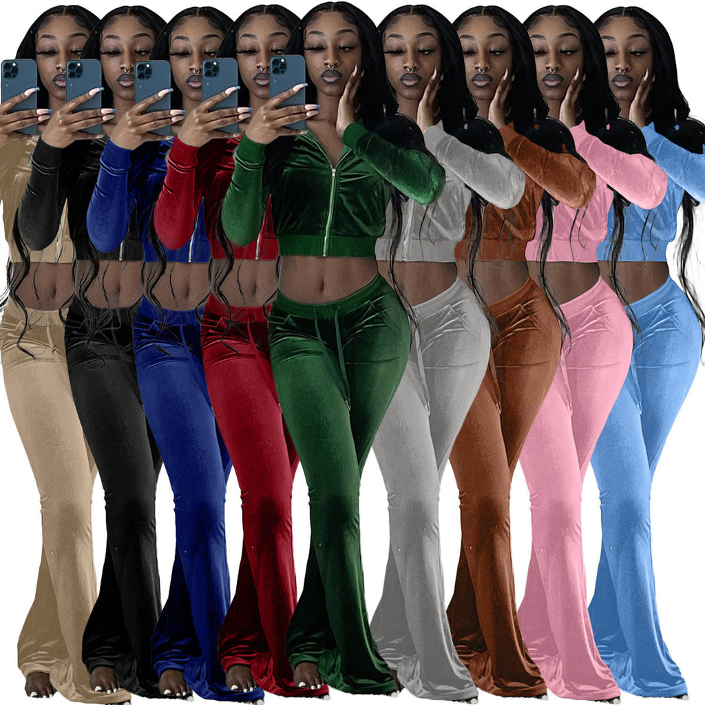 Women's velour tracksuit with zip front and wide-leg trousers, size